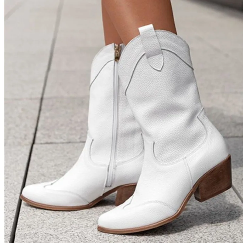 

Western Cowboy Boots Women Chunky Heels Ankle Boots Side Zip Cowgirl Short Booties Ethnic Shoes