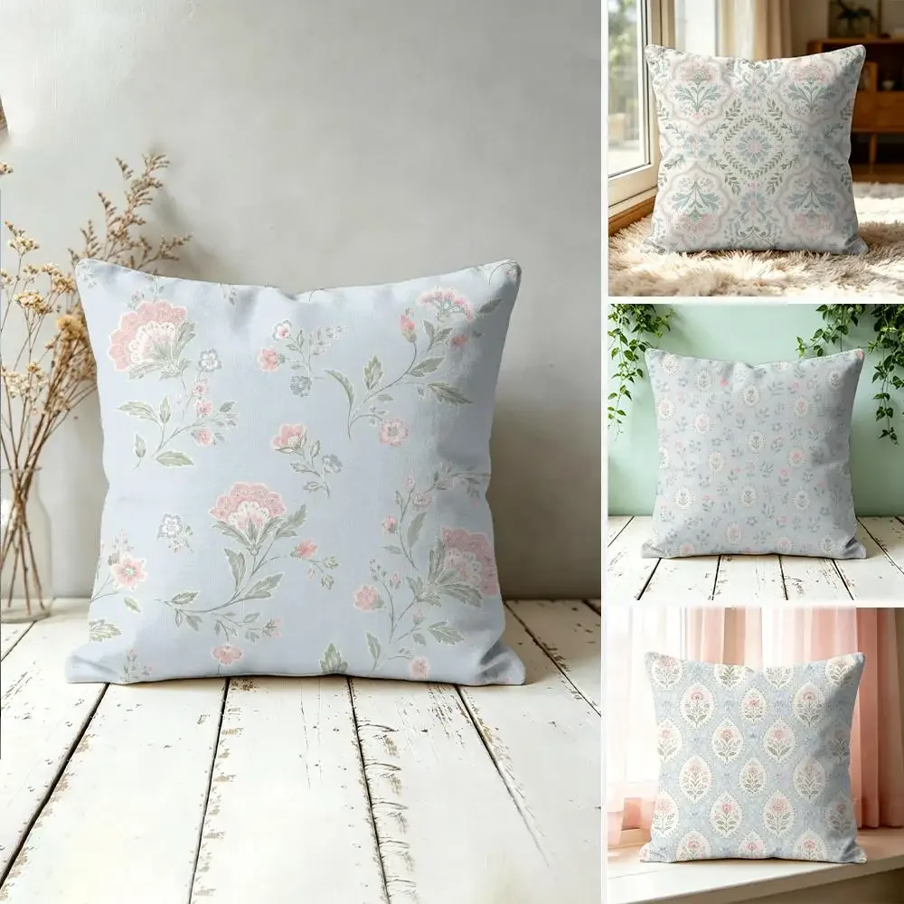 Floral Pink Blue Green Pillow Case Double-Sided Plush Sofa Cushion Covers Organic Breathable Invisible Zipper
