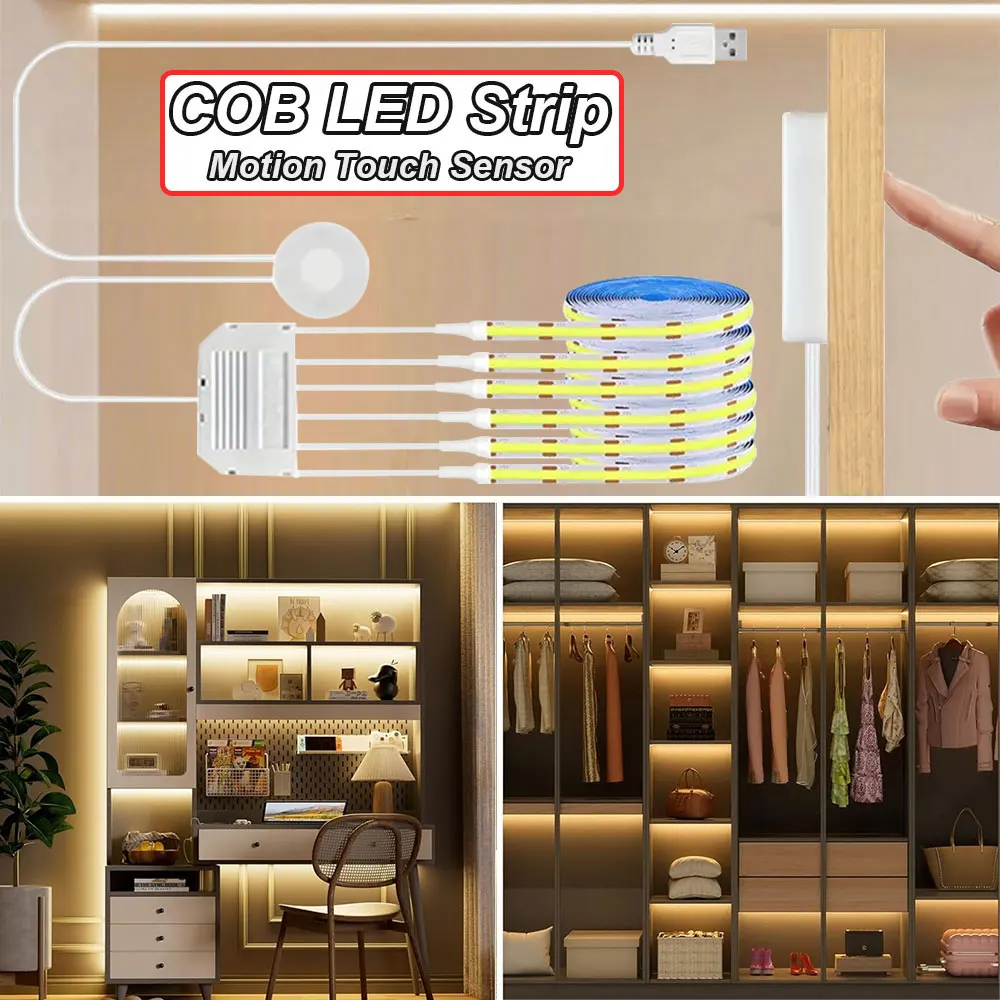 1-6 Peças de Fita de LED COB 1/2/3M com Interruptor Dimmer de Toque para Madeira, Ideal para Iluminação de Cozinha, Vitrines e Armários