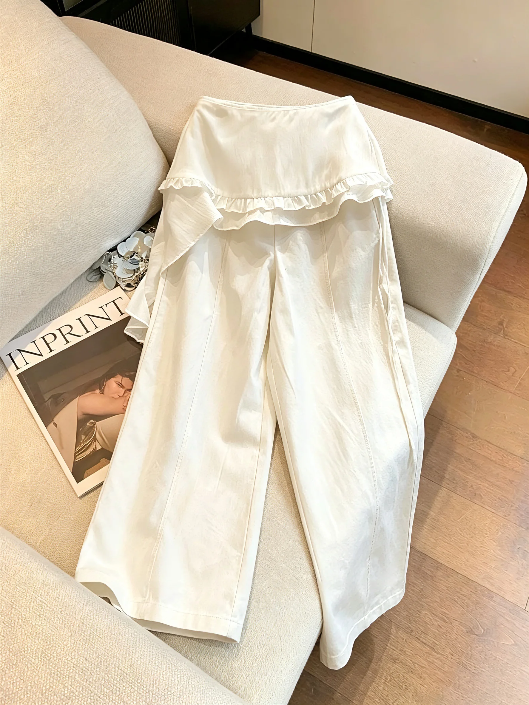 

High Waist Wide Leg Casual Pants Asymmetrical Design Casual Loose Fit Men Women Summer Small Size Elastic Waistband