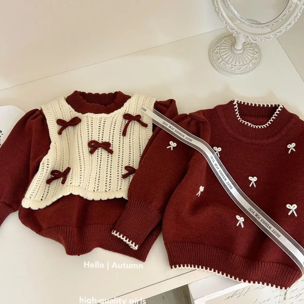 

Girls Sweater Autumn Winter 2024 Knitted Thickened New Pullover Bow Knit Sweater Baby Foreign Tops Kids Baby Girl Clothes