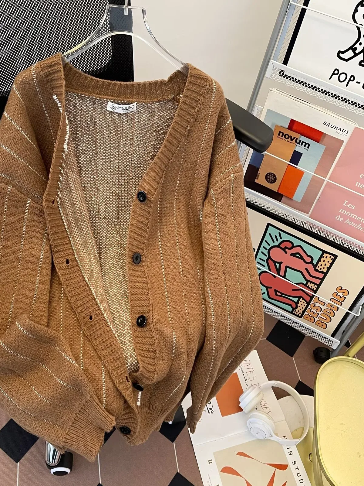 

Открытый кардиган в американскую полоску в стиле ретро, свитер для мужчин и женщин, осень-зима, свободный повседневный вязаный джемпер для колледжа с v-образным вырезом