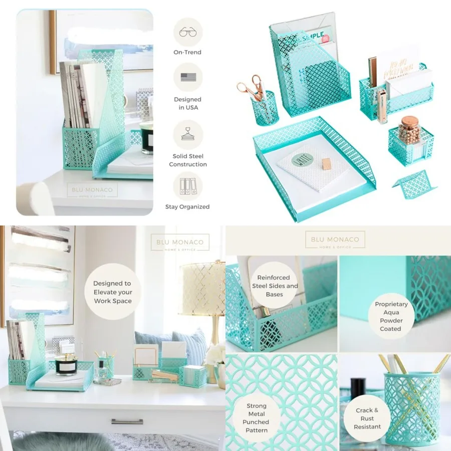 

Teal 6 Pcs Cute Desk Organizer Set - Desk Organizers and Accessories for Women - Cute Office Desk Accessories - Desktop Organiz