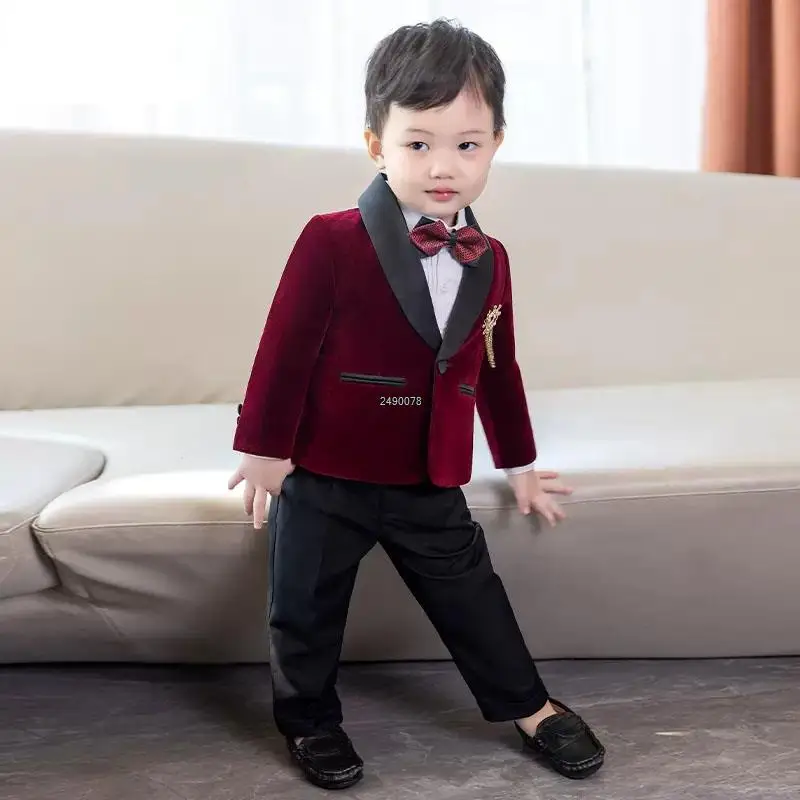 Kids 1 Year Birthday Dress Baby Boys Velvet Blazer Jacket Pants Photograph Suit Children Formal Wedding Performance Evening Wear