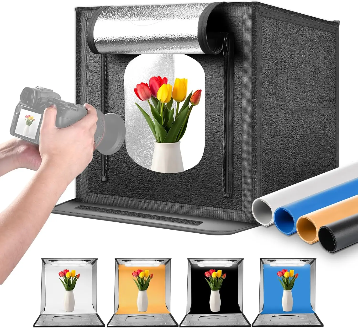 

50W Studio Light Box 24x24 Portable Folding Photography with 4 Backdrops 5600K Dimmable LED for Jewelry Electronics