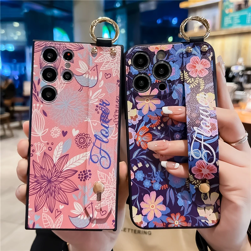 Poco X3 Pro F3 F5 X5 Pro M3 M4 M5 Mi 12T Pro 11T 10T 13 12 11 10 9 Lite Case Luxury Flower Wrist Strap Phone Holder Cover Coque