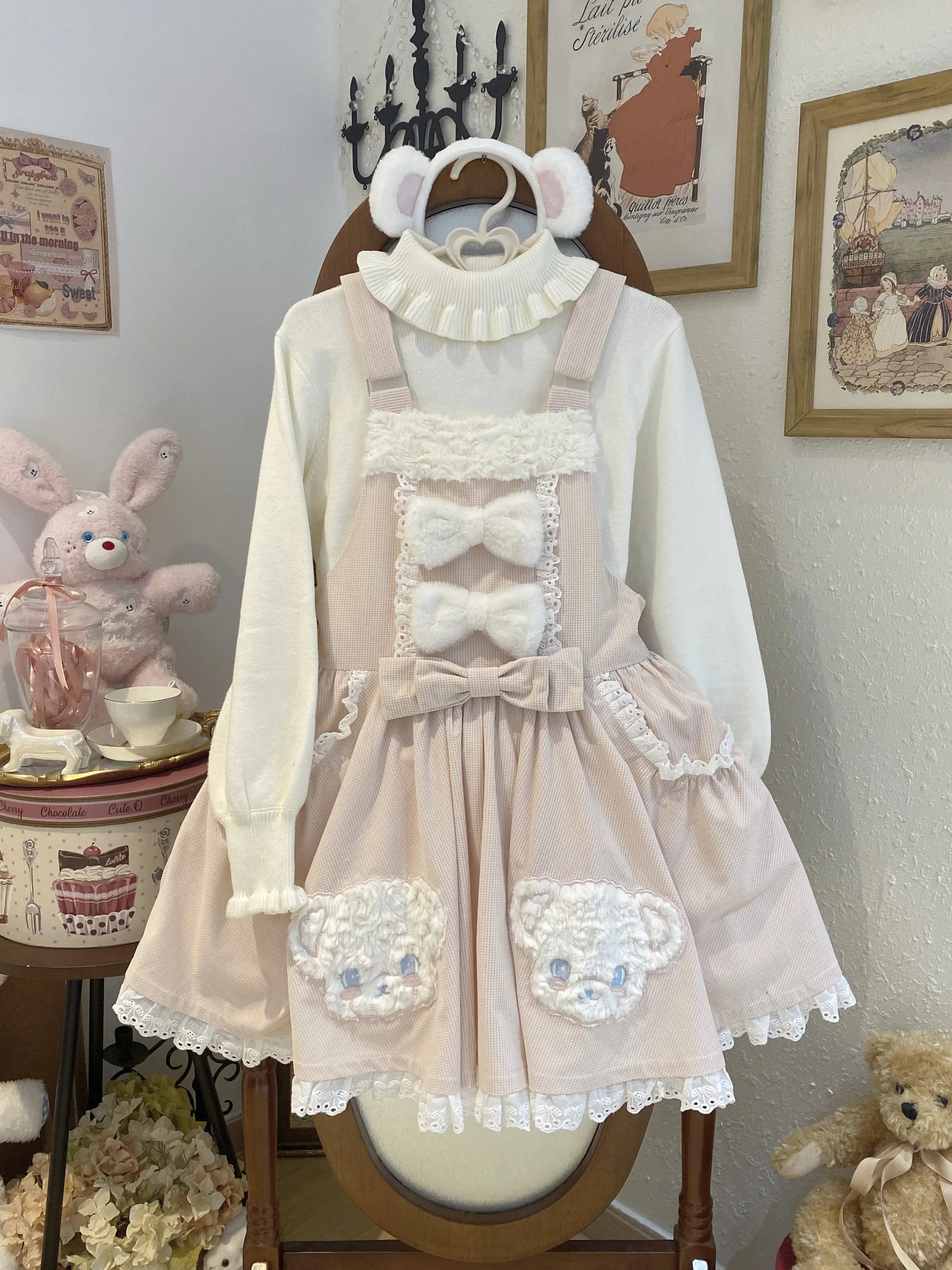 2025 جديد الأصلي لوليتا الأشرطة فستان الخريف والشتاء أفخم القوس حزام لطيف الحلو الدب ملصق المطرزة الحمالات فستان #1