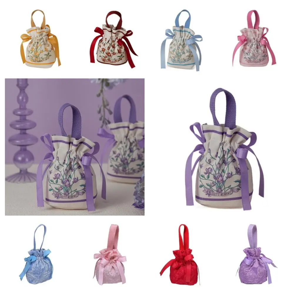 Satin Bow Canvas Floral Drawstring Bag Korean Style Large Capacity Festive Sugar Bag Storage Bag Coin Purse Wallet