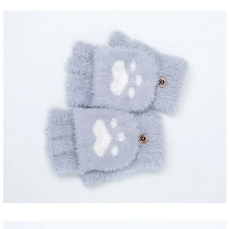 Big Children Cartoon Cute Cat Claws Fashion Boys and Girls Winter Comfort Thickened Warm Clamshell Half Finger Gloves