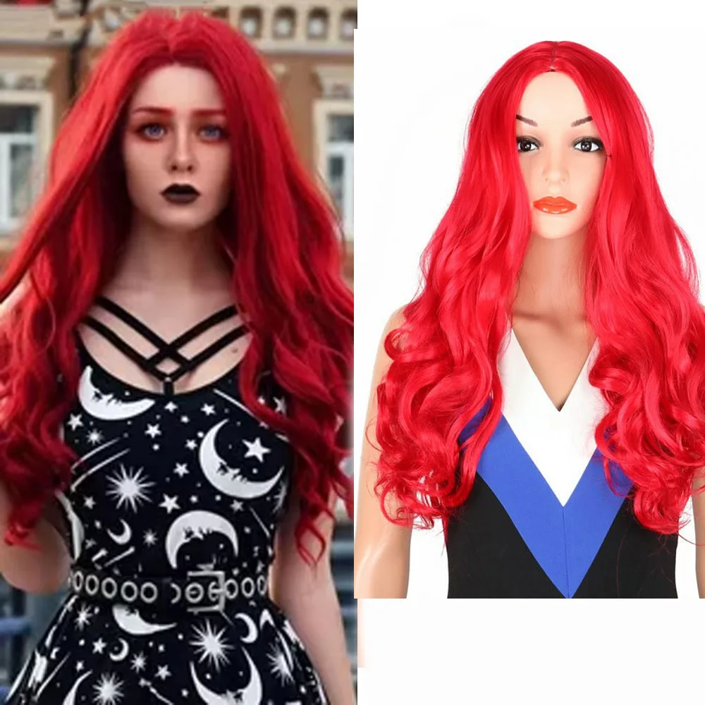 

1PCS 70cm long Body Wave Synthetic Wigs Curly Red Hair No Bangs Heat Resistant cosplay Halloween Christmas party women wear wigs