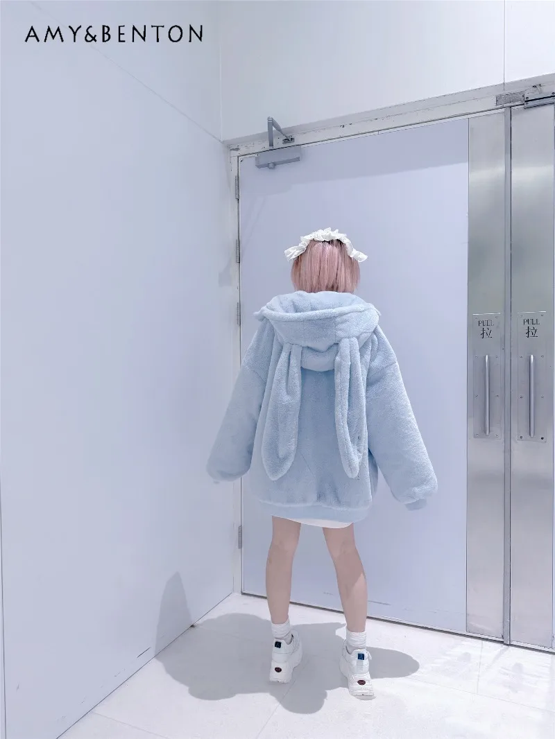 2025 hiver nouveau mignon lapin oreille col haut épaissi manteau en peluche sous-culture Kawaii chaud fermeture éclair mi-longue manteau de fourrure pour les femmes