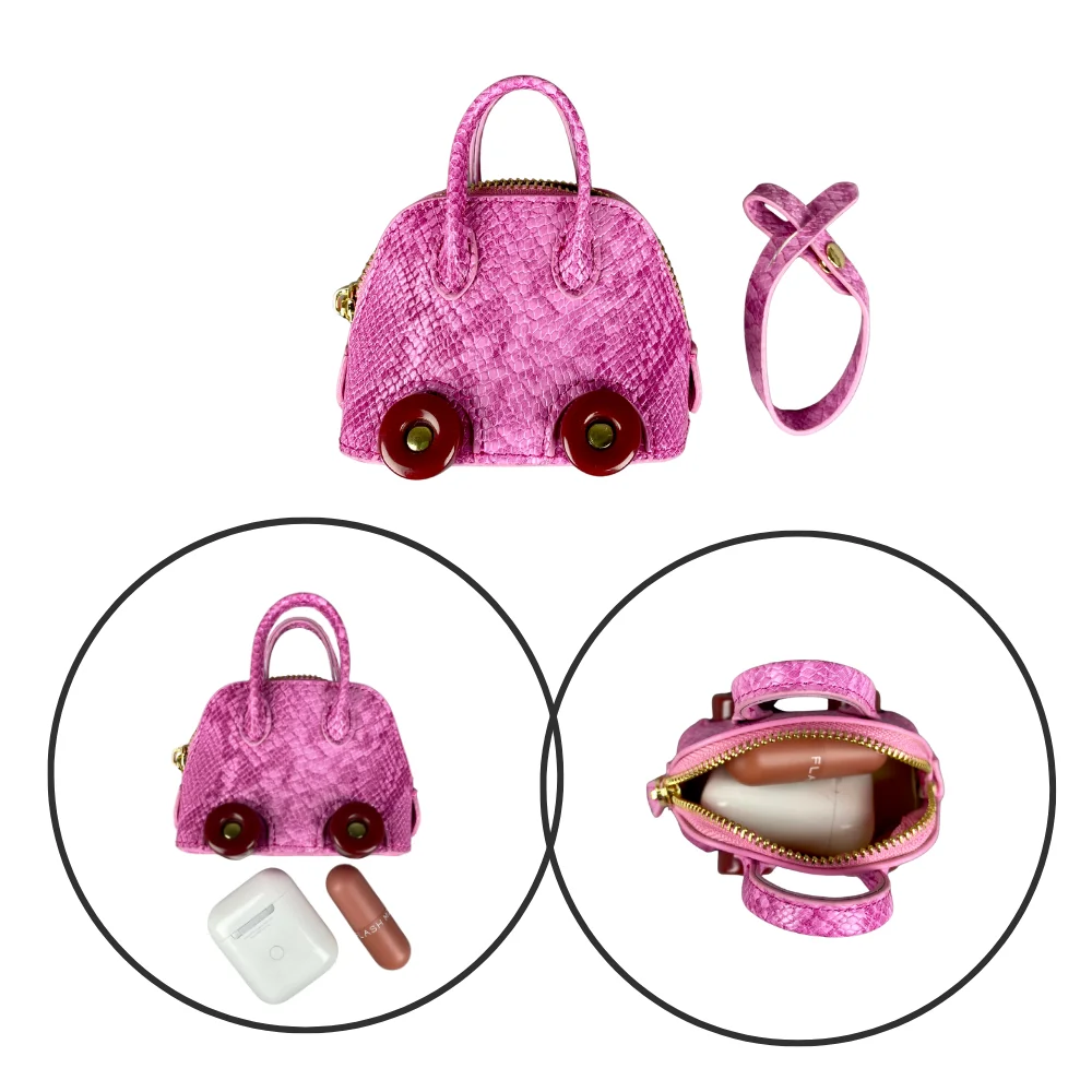 Mini-Tasche aus Leder mit Schlangenprägung – Ohrhörer- und Lippenstiftbeutel mit kontrastfarbenen Rädern – PU-Leder-Tasche Charm – ideales Geschenk für Frauen – Detail 6
