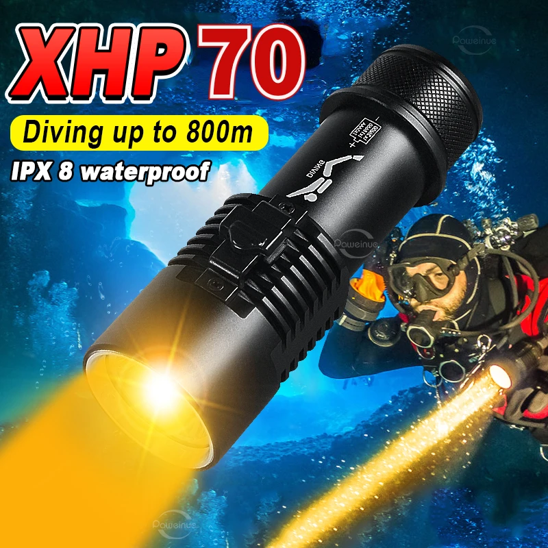 XHP70 LED Scuba Diving Flashlight, IPX8 Waterproof Dive Lamp, Most Powerful Hand Rope, 26650 Battery