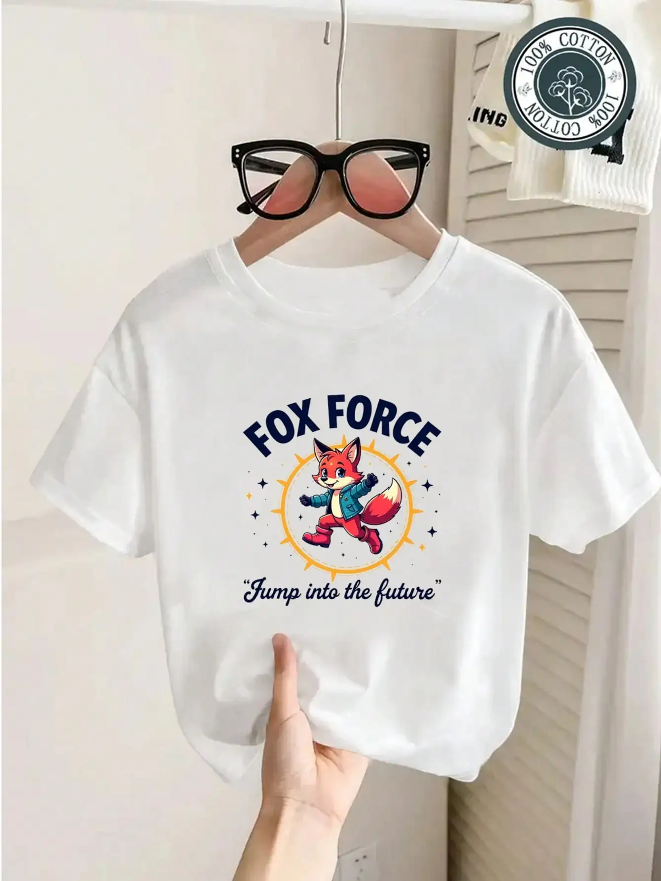 

Youngsters' Fox Force Cotton T-Shirt, White Tee With Cartoon Fox, Comfy & Cute Futuristic Art Print Top