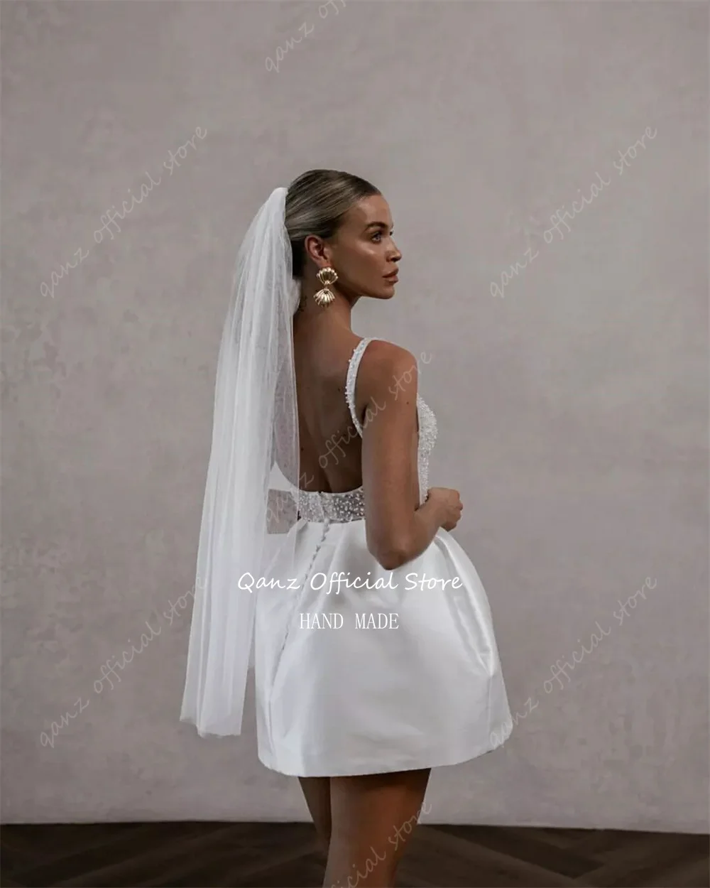 Qanz-vestido De novia corto De satén con perlas, tirantes finos por encima De la rodilla, vestidos De novia, vestido De fiesta con cola De cocina personalizado