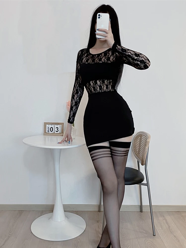 Sexy Women Lace Patchwork Micro Mini Dress Sheer See Through Hollow Out Bodycon Dress Bandage Package Hip Dress Long Sleeve