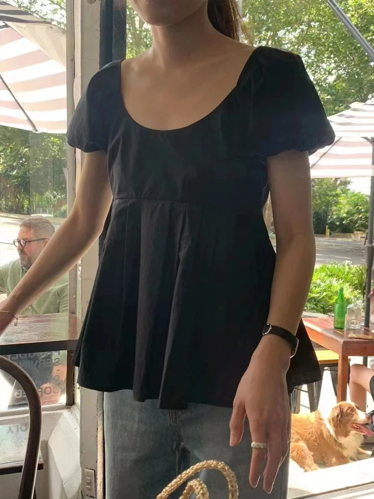 قميص نسائي بأكمام فقاعية، تصميم مطوي، نمط تنحيف على شكل حرف A، موضة كورية، رقبة دائرية، كم قصير، لون نقي، ملابس للتنقل