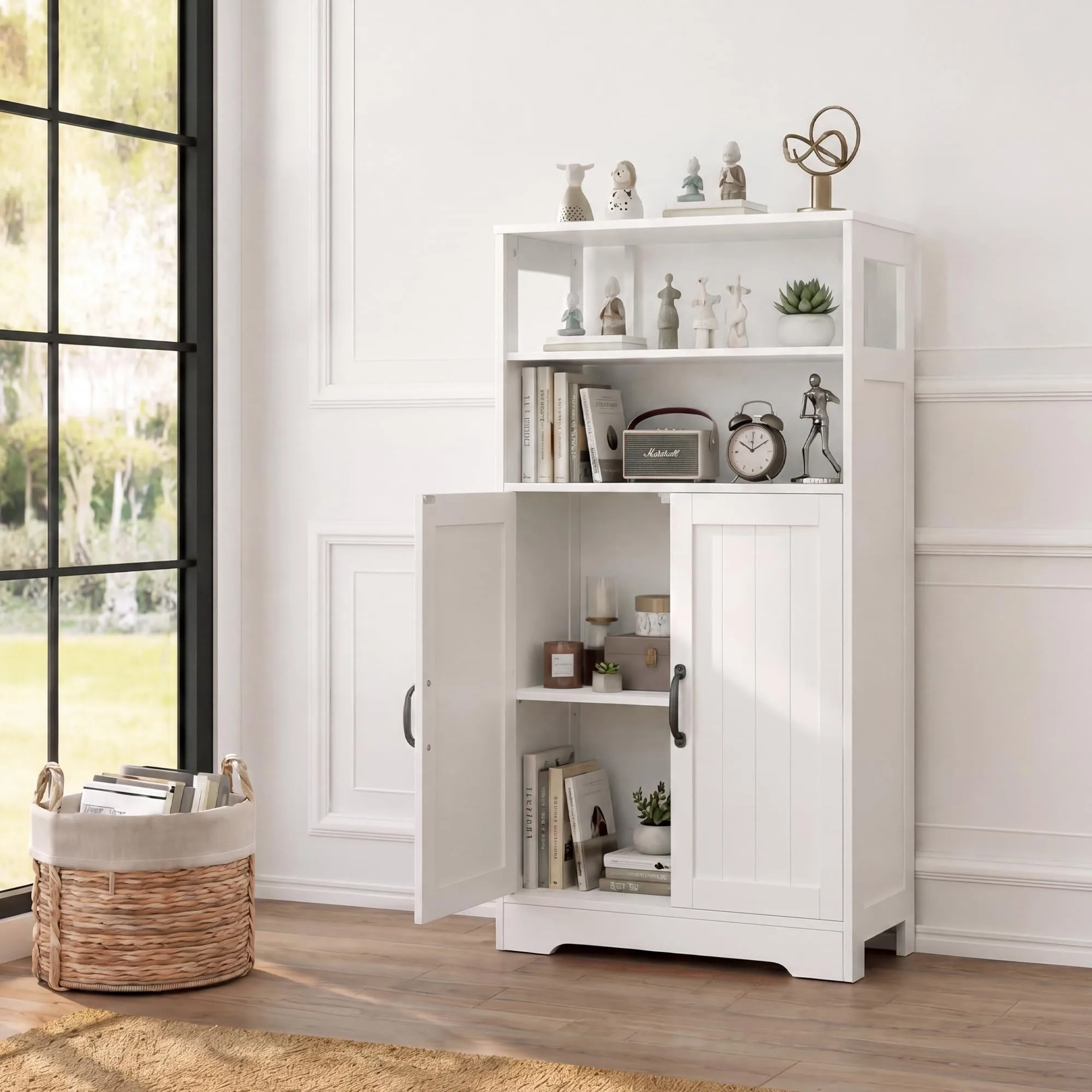 White Farmhouse 43.46'' H Freestanding Bathroom Cupboard, Storage Cabinet With Doors And Adjustable Shelves For Multi‑Room Use