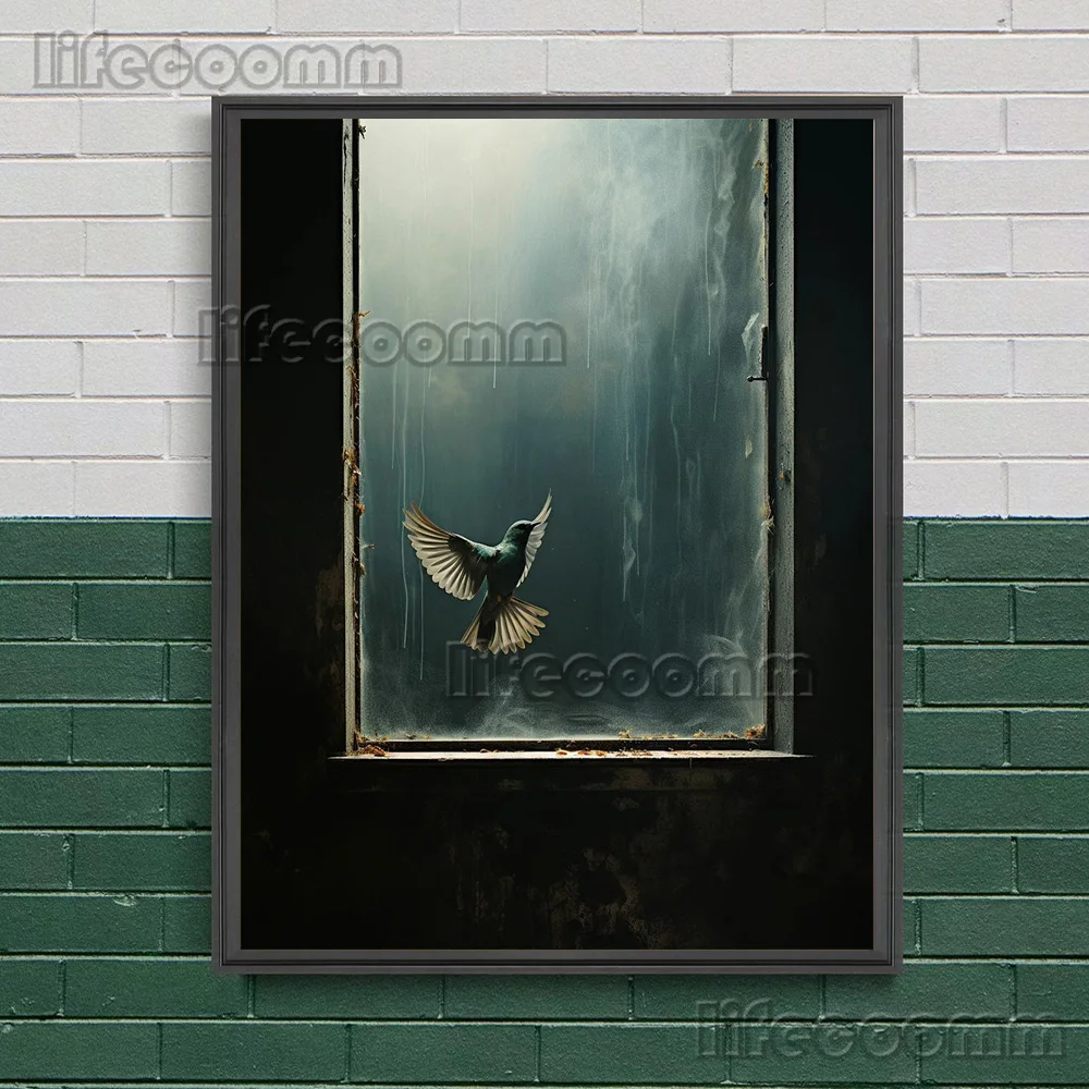 الطيور الطنانة والغربان أمام عتبة النافذة القديمة، لوحة جدارية عتيقة، لوحة قماشية، فن جماليات داكنة، طباعة ملصق، ديكور #3