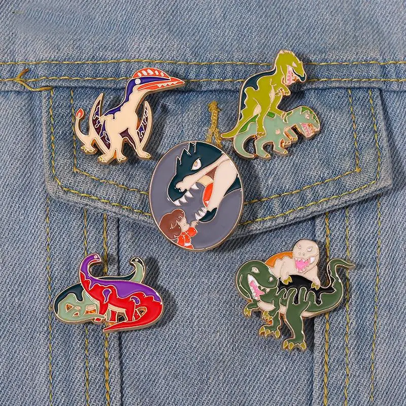 Dino Fight Enamel Pins Custom T-Rex Dinosaurs Brooches Lapel Badges Creative Animal Jewelry Gift for Kids Friends