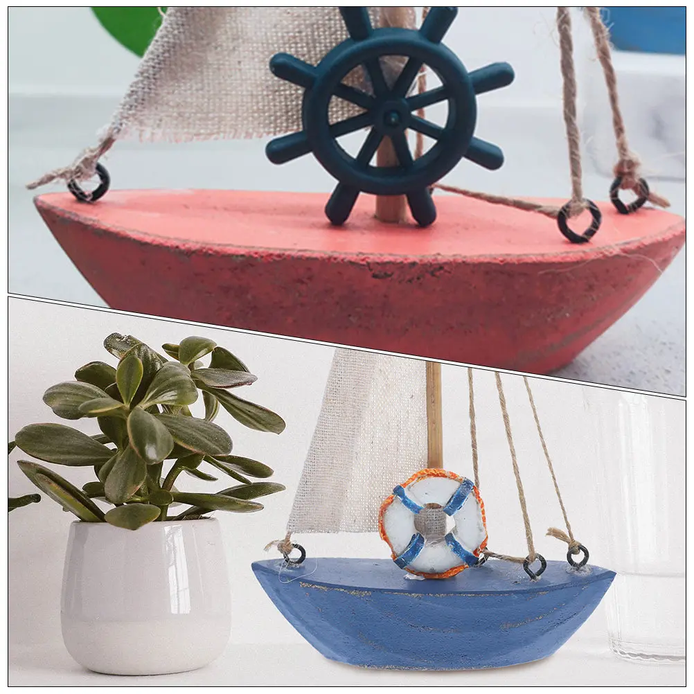 

2Pcs Sailboat Decorations Wooden Mediterranean Style Desktop Sailing Ship Ornament Home Office Nautical Party Supplies Coastal