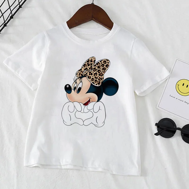 Disney Minnie Mouse Print Girls Clothes Child T-shirt White Short Sleeve Tee Shirt for 1 to 12 Year Old Girls