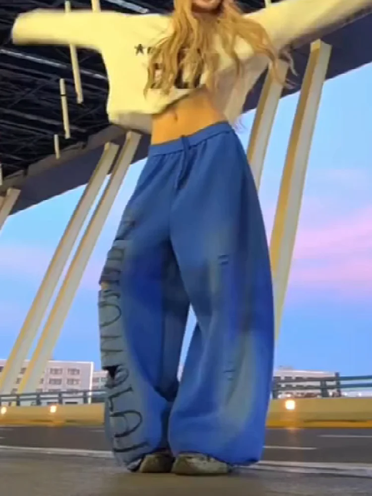 Cool Casual Sport Pants for Women American Style Distressed High Waist Wide Leg Sweatpants Trendy Letter Print Loose Fit