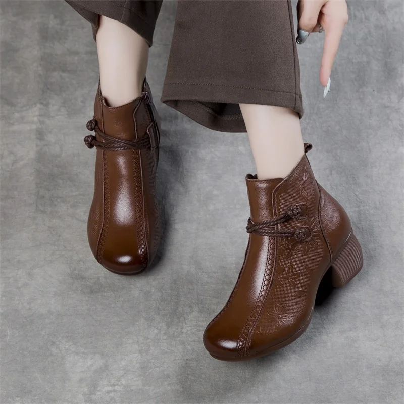 GKTINOO 2024 New Autumn Winter Thick Heel Ankle Boots Women Warm Boots Shoes Handmade Genuine Leather Zipper Retro Boots