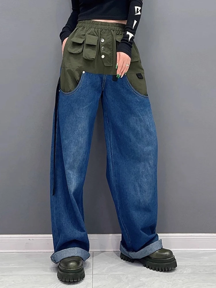 [EAM] High Elastic Waist Army Green Color-block Long Denim Pants New Trousers Women Fashion Tide Spring Autumn 2024 1DH4643