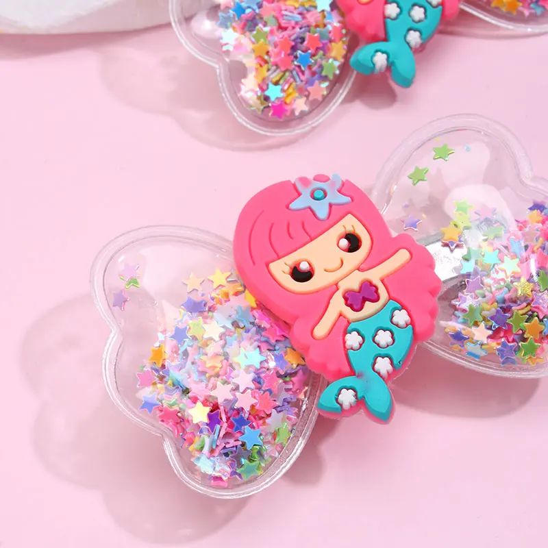 2PCS Cute Mermaid Hair Clips For Girls Quicksand Sequins Star Bows Hairpins Kids Pineapple Birthday Paty Hairpins Girl Headwear