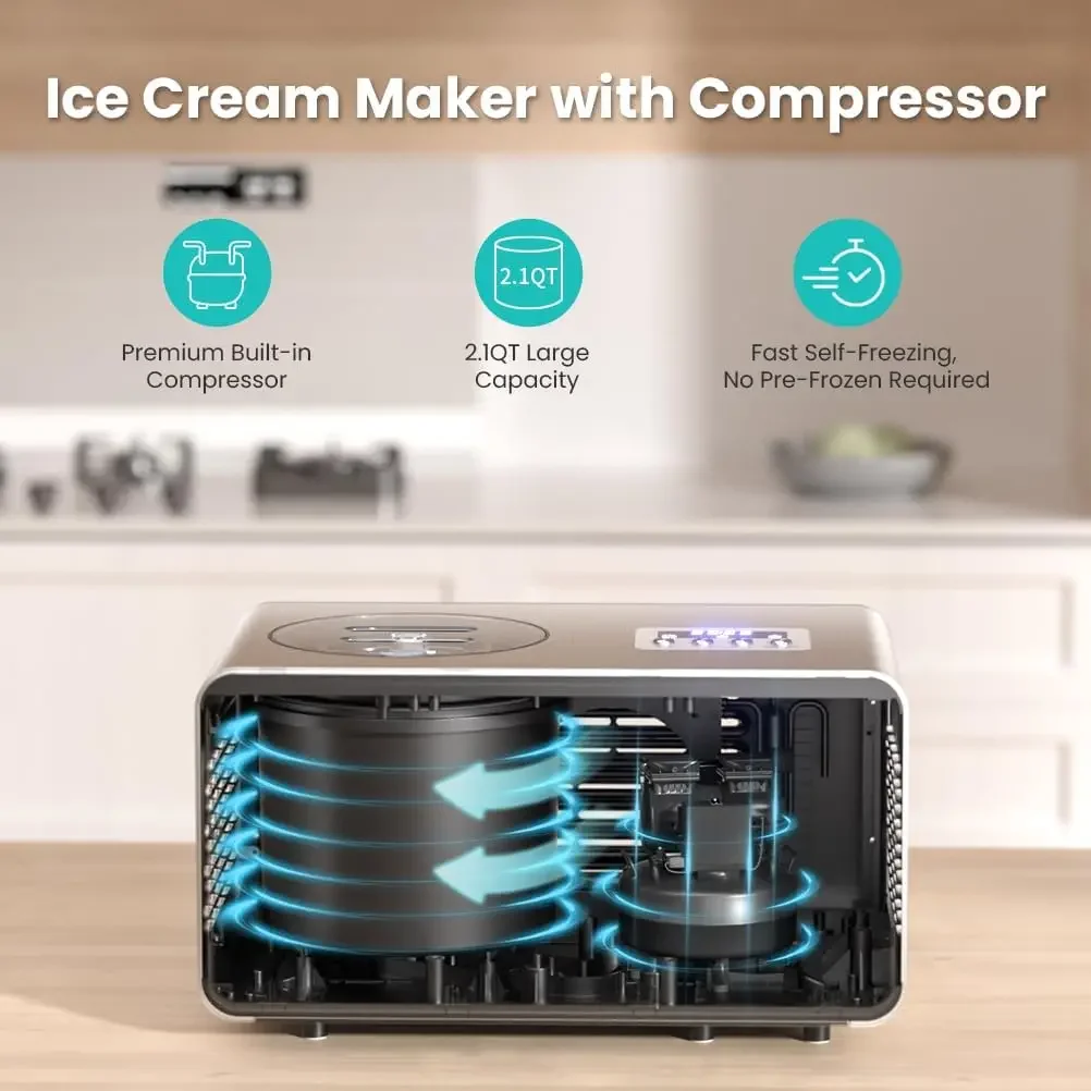 Cream Maker with Compressor 2.1 Quart Automatic Ice Cream Maker Machine with Compressor 3 Modes Electric Ice Cream Maker No Pre