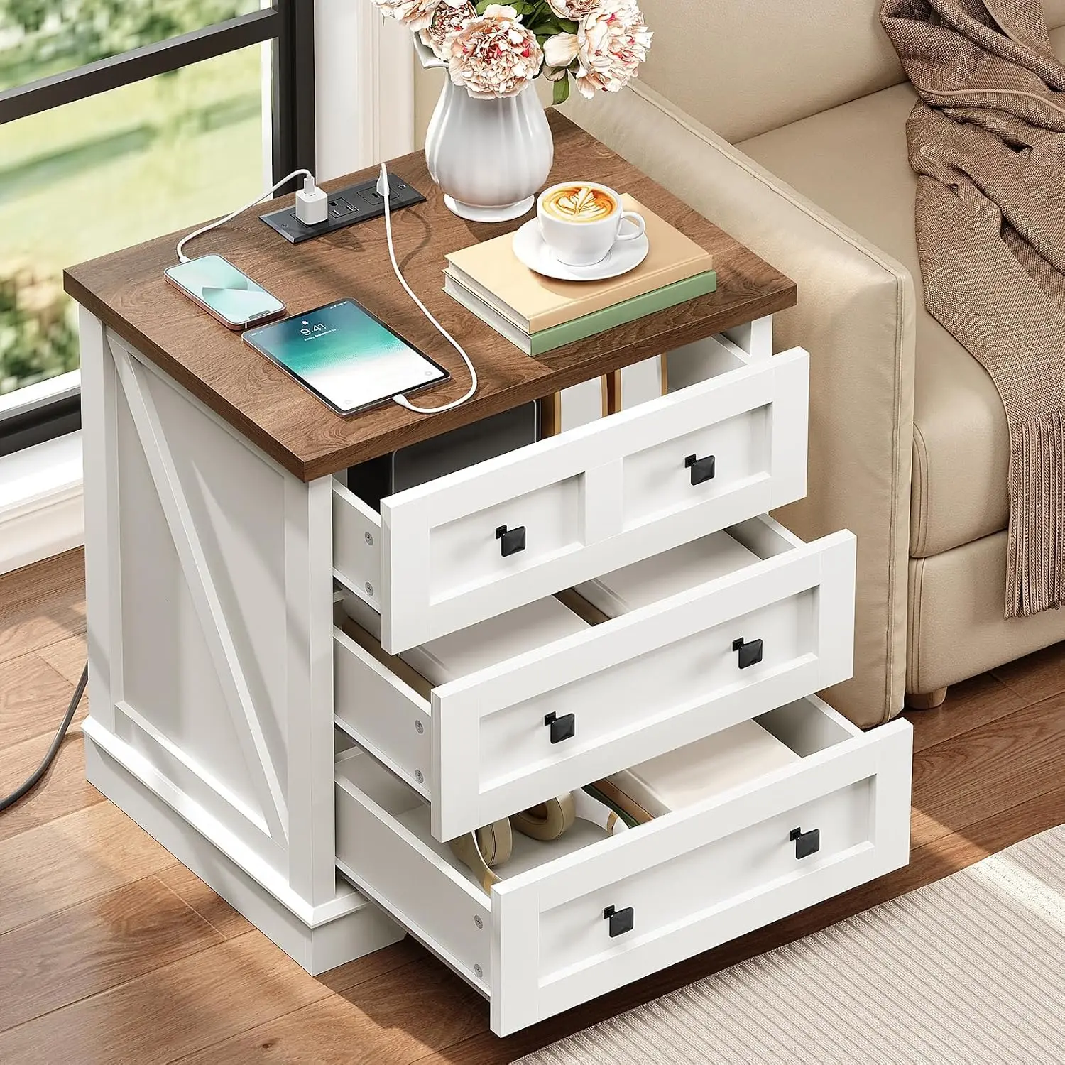 Farmhouse Nightstand with Charging Station, Large Bedside End Table with USB Ports & Storage Shelf, Customized