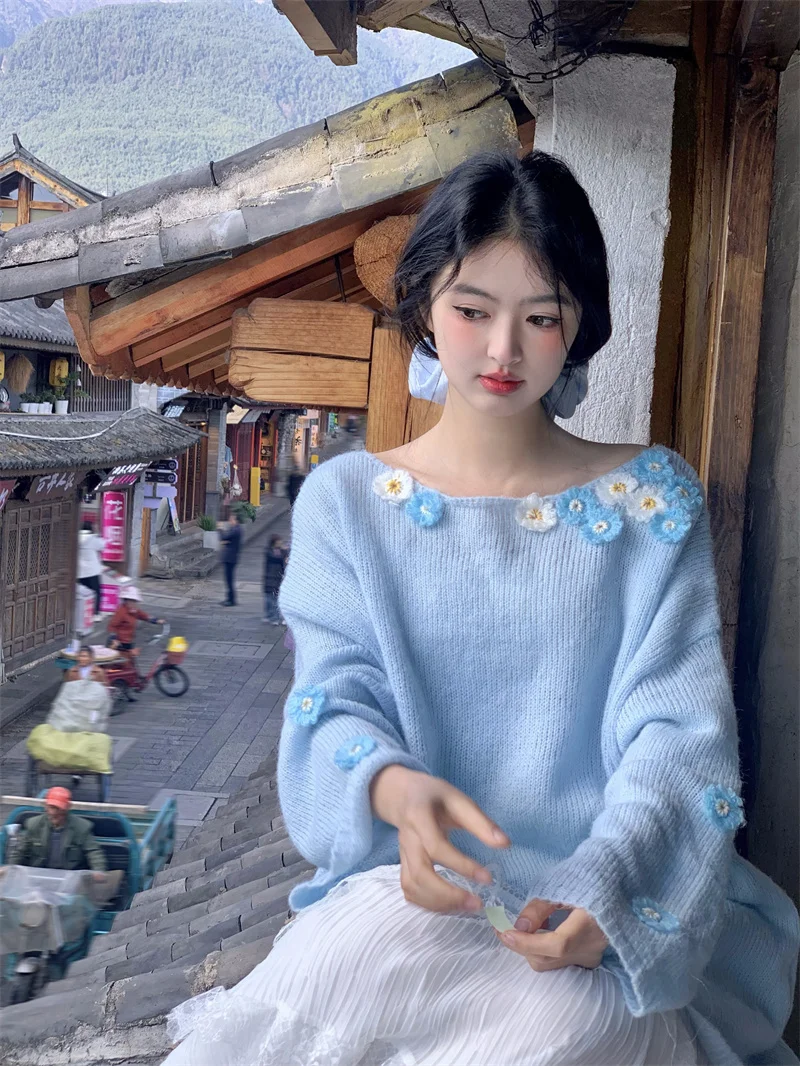 

Off Gentle Wind 3D Flower round Ne Thin Sweater Women's Loose oulder Exposure Knitted irt Autumn Korean Sle