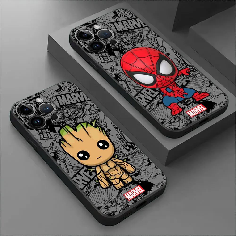 Silicone Phone Case for iPhone 8 Plus XS X 7 14 15 16 Pro Max 11 Pro XR 13 12 Mini SE Cover Cartoon Marvel Groot Spiderman