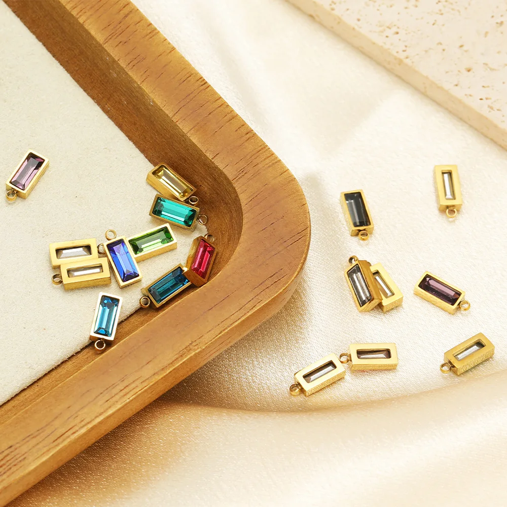 

Gold Plated Stainless Steel Colorful Rectangle Glass Zircon Pendants Charm Diy Earrings Bracelet Charms for Jewelry Making