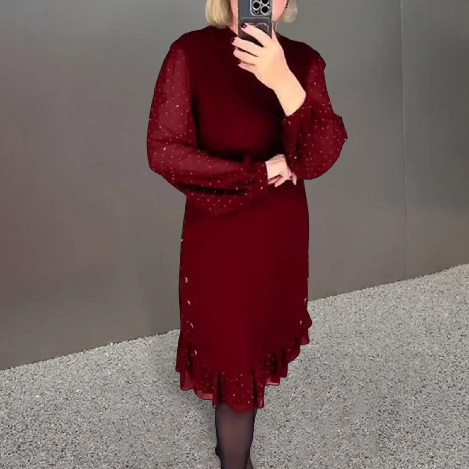 Sukienka z rękawami balonowymi w kropki Sukienka midi z rękawami balonowymi Elegancka sukienka midi do kolan z siateczkowymi rękawami balonowymi z falbaną dla osób w średnim wieku