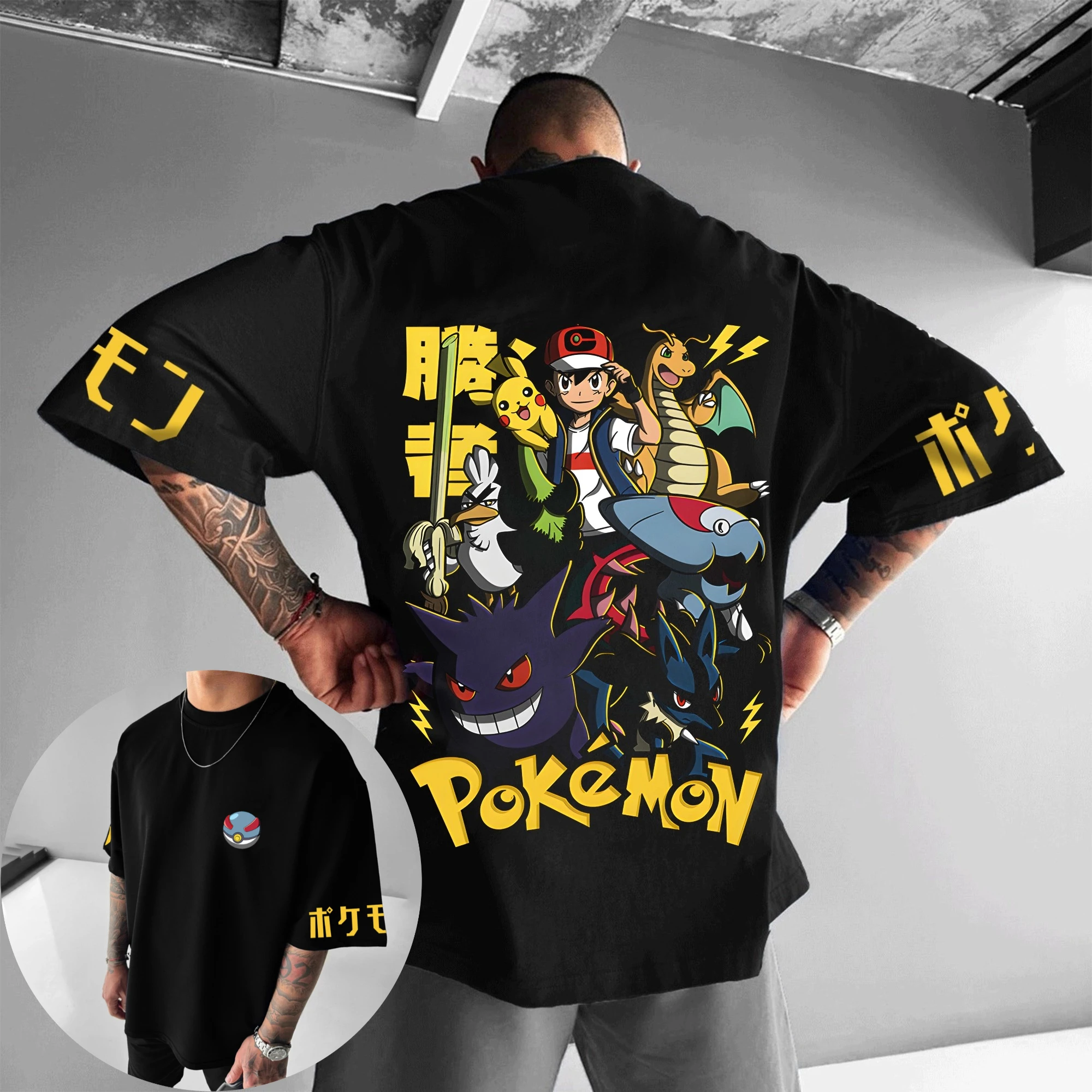 camiseta-masculina-camiseta-esportiva-masculina-anime-pokemon-ash-pikachu-charizard-e-gengar-design-de-impressao-nas-costas-preto-e-amarelo