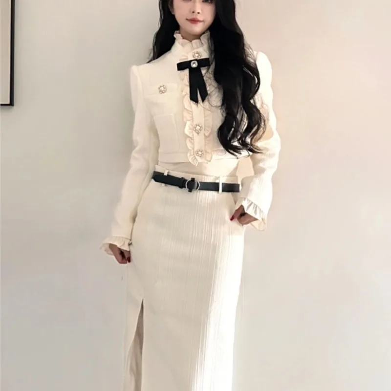 Korean Fashion Elegant Two-piece Skirt Set Women Crop Jacket Coat Bodycon High Waist Midi Skirt Autumn Winter New Luxury Outfits