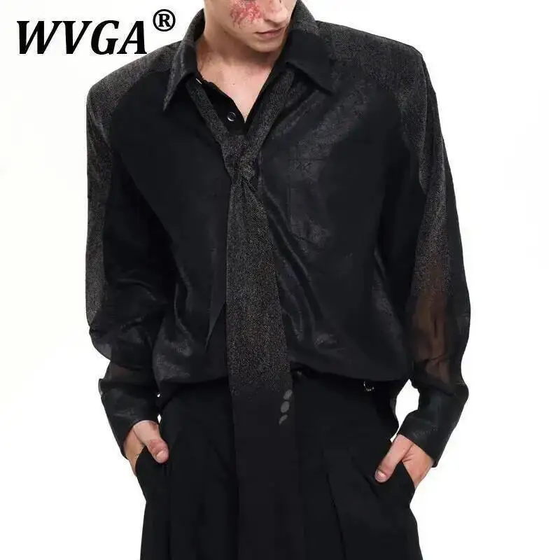 

WVGA весенне-осенняя новая мужская рубашка с отложным воротником и галстуком с длинными рукавами, нишевая стильная повседневная рубашка с флокированной сеткой и подкладкой на плечах W9179