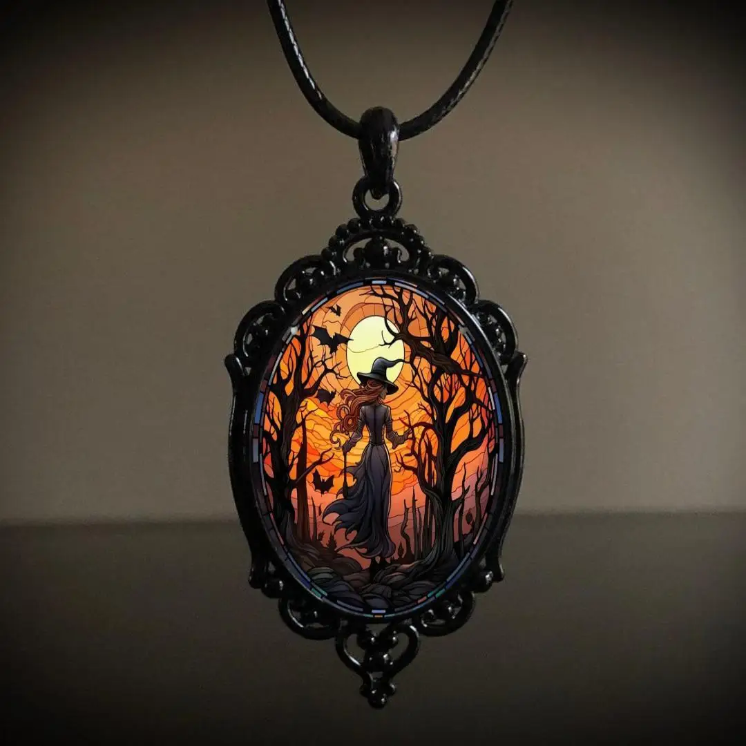 2024 New Halloween Gift Gothic Crow Forest Charm Necklace Mystic Witch Jewelry Gloomy Castle Pendant Accessories Car Rope Chain