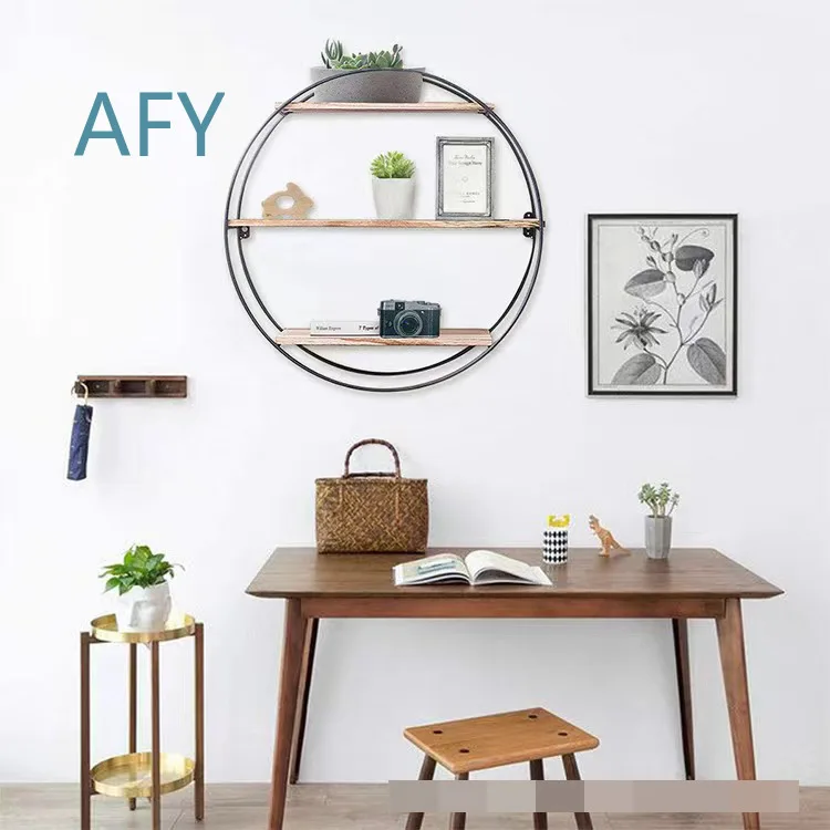 Multilayer Wall Mounted Shelf for Living Room Bedroom Home Organization Iron Wood Combination Round Floating Storage Rack for