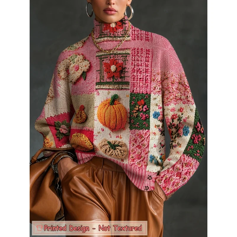 Women's High Quality Print Pumpkin Patchwork Turtleneck Sweater Long Sleeve Knit Pullover Loose Soft Warm Winter Casual Top