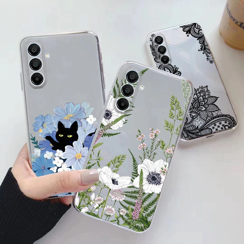 For Samsung Galaxy M55 C55 F55 Case Fashion Flowers Painted Clear Silicone Phone Cover For Samsung M 55 Fundas Cute Cat Couple