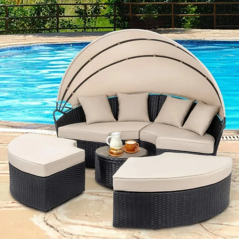

Round Daybed with Retractable Canopy, Outdoor Wicker Rattan Sofa Set, Garden Furniture Sectional Set