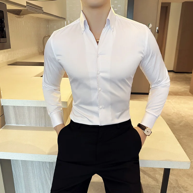 Korean Black White High Quality Solid Color Long Sleeve Shirt Men Business Slim Fit Casual Shirts Formal Office Social Party Top