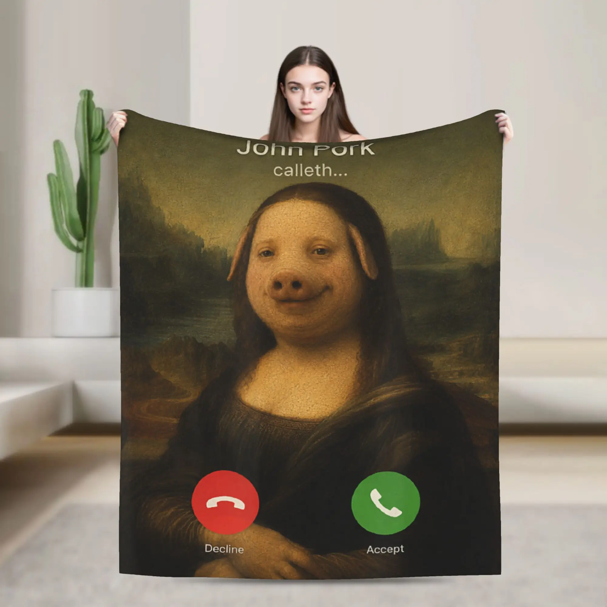 John Pork Mona Lisa Da Vinci Funny Meme Parody Dank Brainrot Blanket Travel Car Bedding Throws Couch Chair Flannel Bedspread