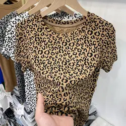 Classic Khaki Leopard Vintage Mini T Shirts Crop Tops Slim Sexy Office Ladies Basic Summer Large 2XL 2022 Korean Brand Fashion