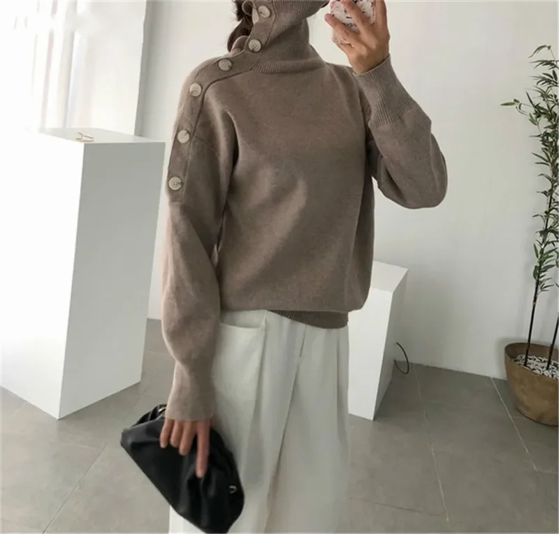 Pull à col roulé coréen à manches longues pour femmes, pulls chauds basiques avec boutons, hiver 2023