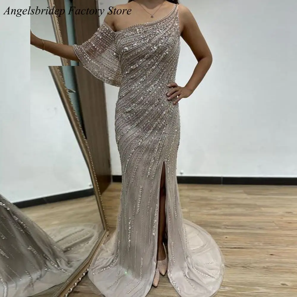 

Angelsbridep Side Split Silver Mermaid Prom Dresses Glitter Tulle Off Shoulder Saudi Arabia Robes De Soirée Vestidos De Gala