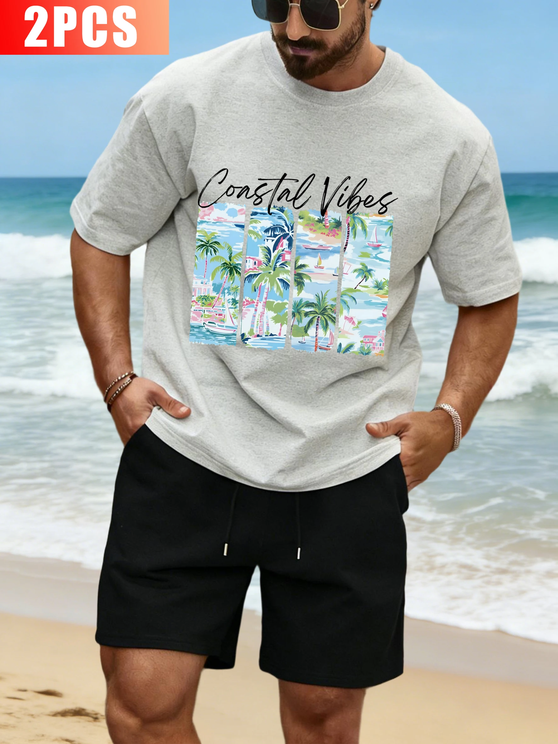 

Summer Coastae Vibes Printing Mens Tee Set Hip Hop Wide-Leg Shorts Casual Cotton Retro Clothes Unisex Loose O-Neck Streetwear